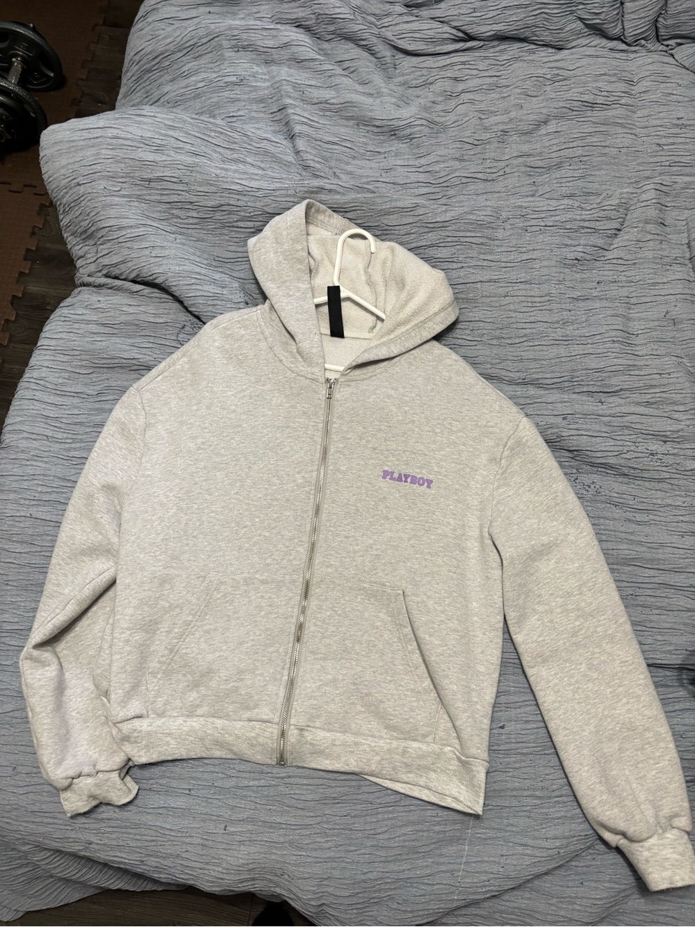 PLAYBOY Light Gray Full-Zip Hoodie with Purple Logo